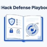 AI Hack Defense Playbook illustration with shield, checklist and layered defense diagram