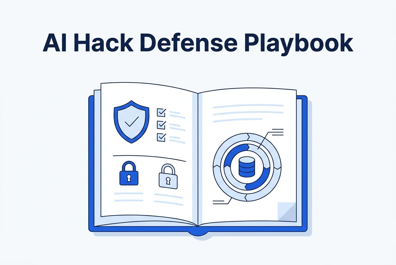 AI Hack Defense Playbook illustration with shield, checklist and layered defense diagram