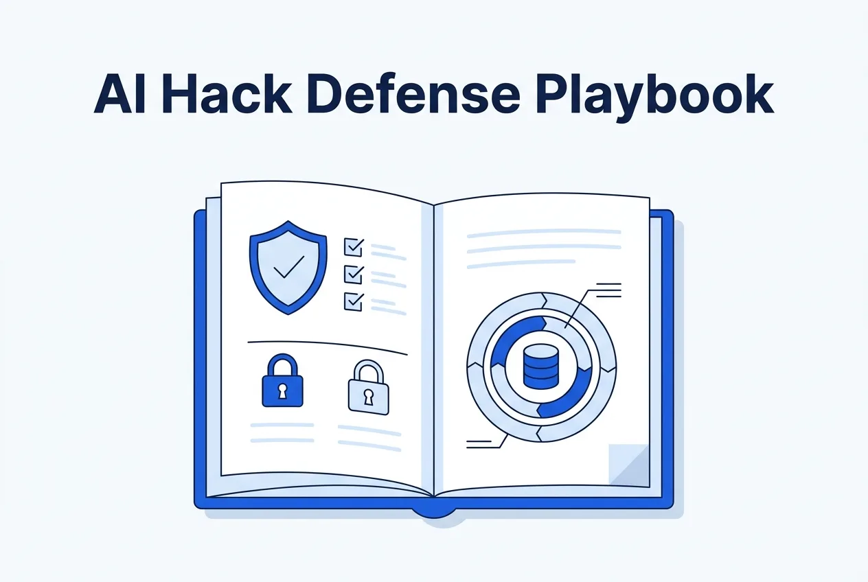 AI Hack Defense Playbook illustration with shield, checklist and layered defense diagram