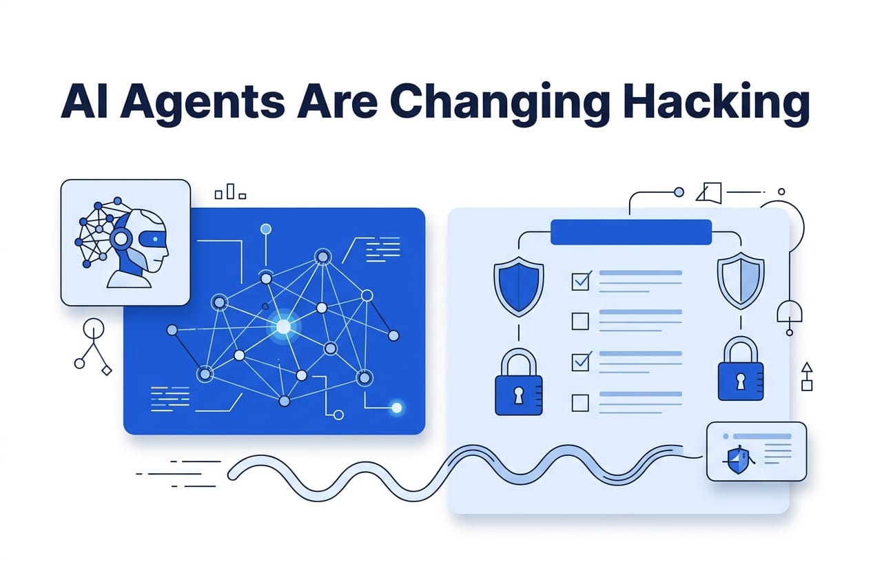 Split illustration: AI agent probing a network vs. defense checklist with shields and locks