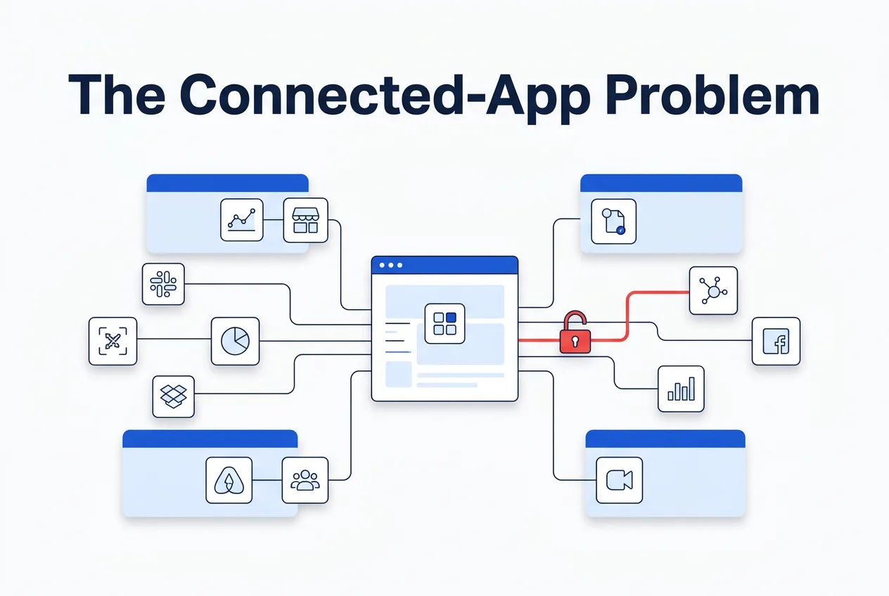 Central app hub connected to third-party apps, one risky connection highlighted with open padlock