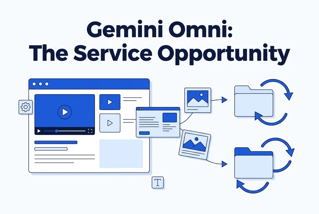 Content creation panel flowing into client service workflow with recurring revenue arrows