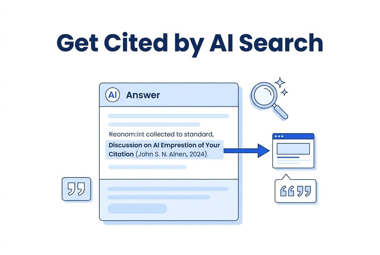 AI answer box with citation arrow pointing to a website icon