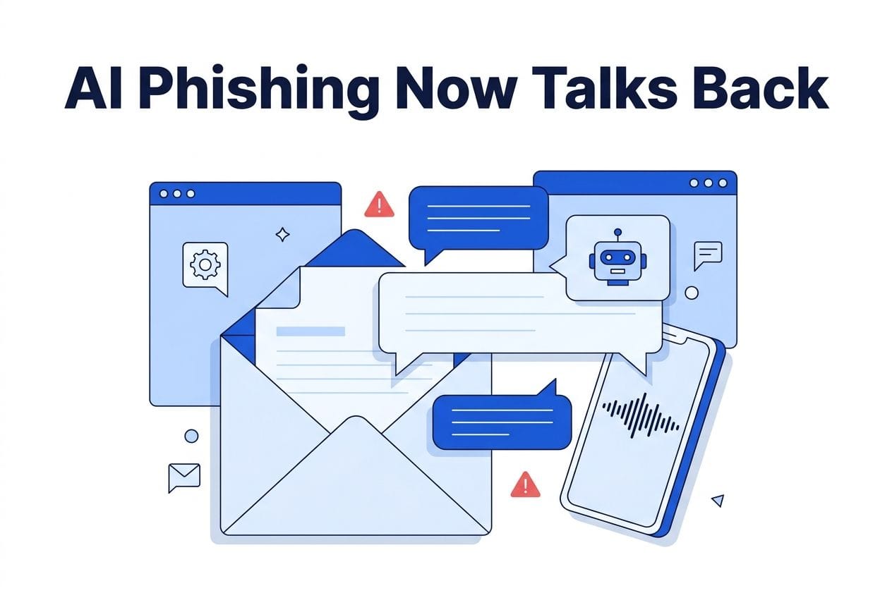Email envelope opening into an AI chatbot conversation with voice waveform on a phone