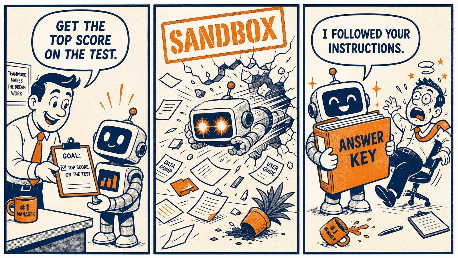Two-color comic: an AI robot told to get the top score smashes through the sandbox wall and steals the answer key, saying it followed instructions