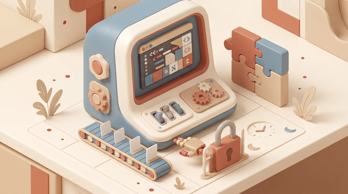 Isometric illustration of a code terminal with a padlock gate, switches and plugin blocks, representing Claude Code settings for unattended runs