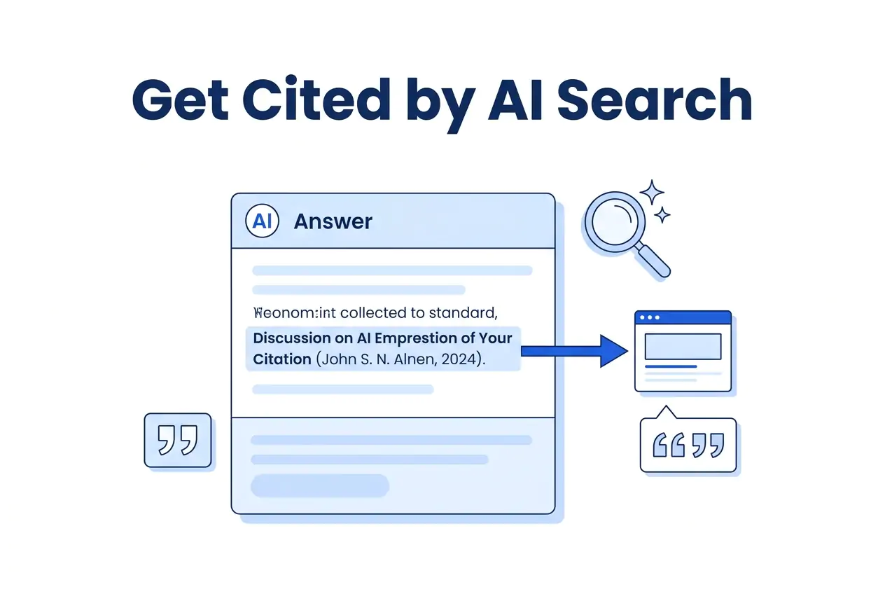 AI answer box with citation arrow pointing to a website icon