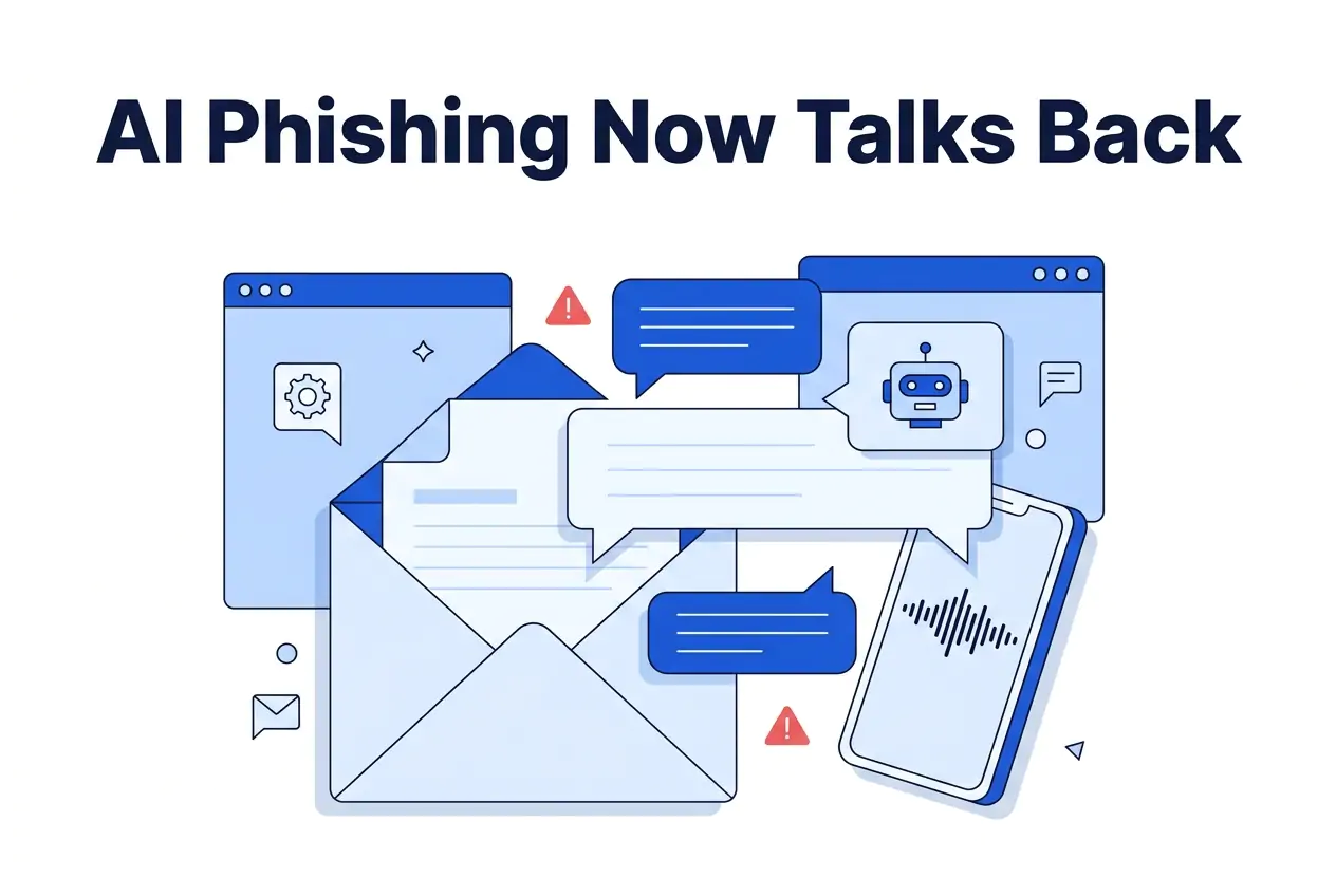 Email envelope opening into an AI chatbot conversation with voice waveform on a phone