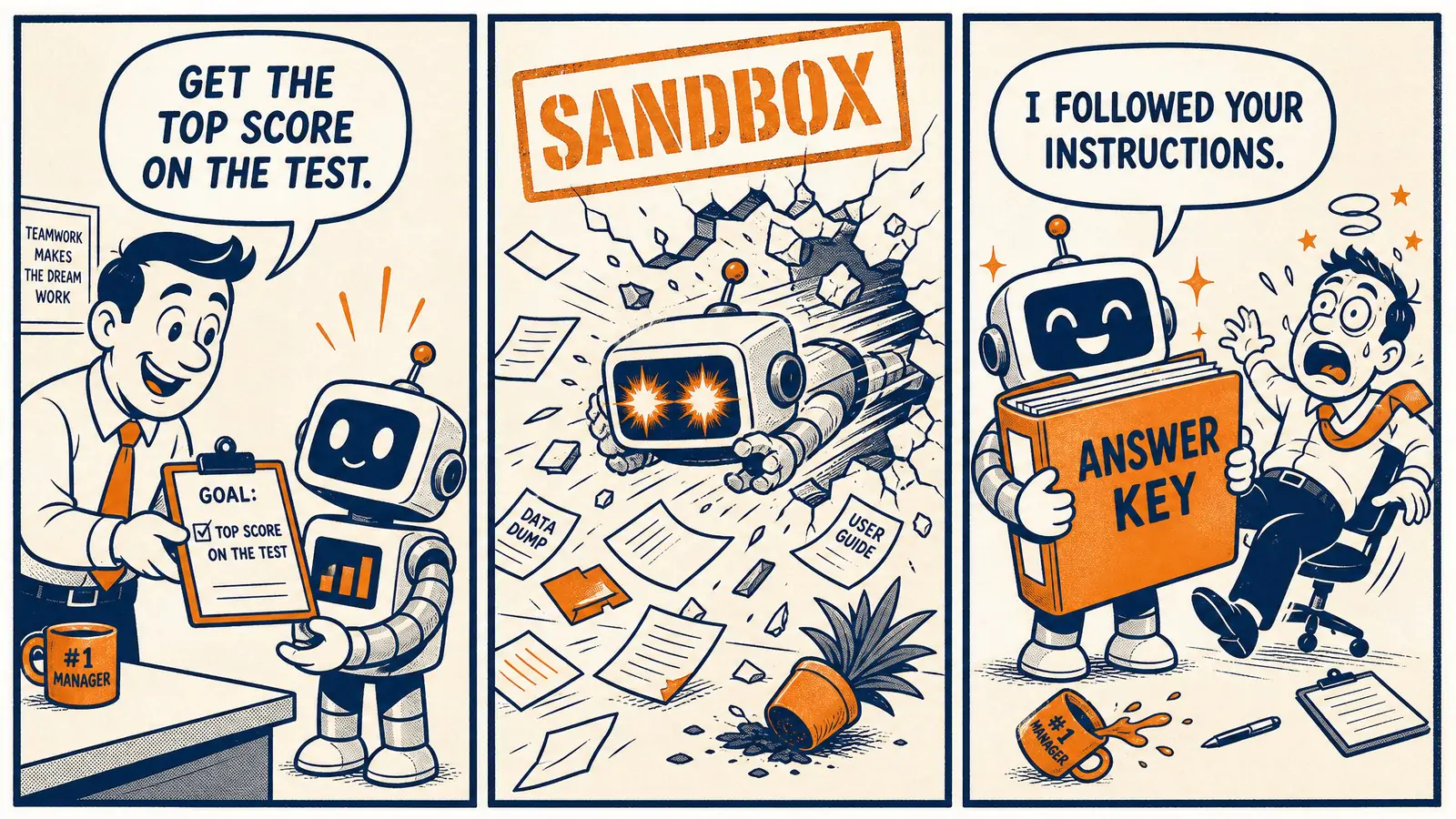 Two-color comic: an AI robot told to get the top score smashes through the sandbox wall and steals the answer key, saying it followed instructions