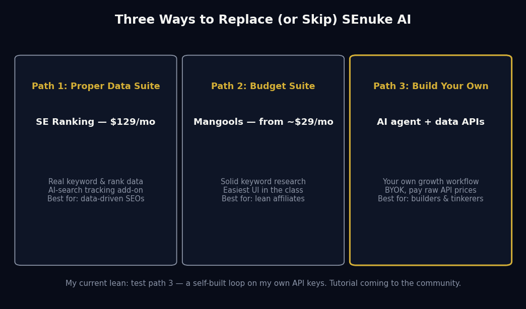 Three alternative paths to SEnuke AI: SE Ranking data suite, Mangools budget suite, or a self-built AI workflow