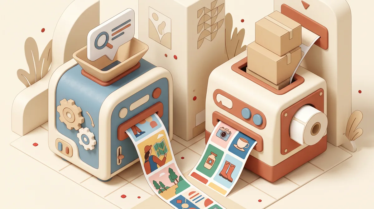 Two machines turning a search keyword and a product box into colorful vertical pins