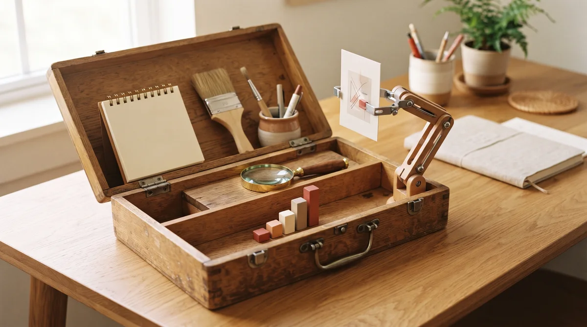 Best Pinterest marketing tools 2026: a toolbox with a calendar, paintbrush, magnifying glass, chart and a robot arm holding a pin