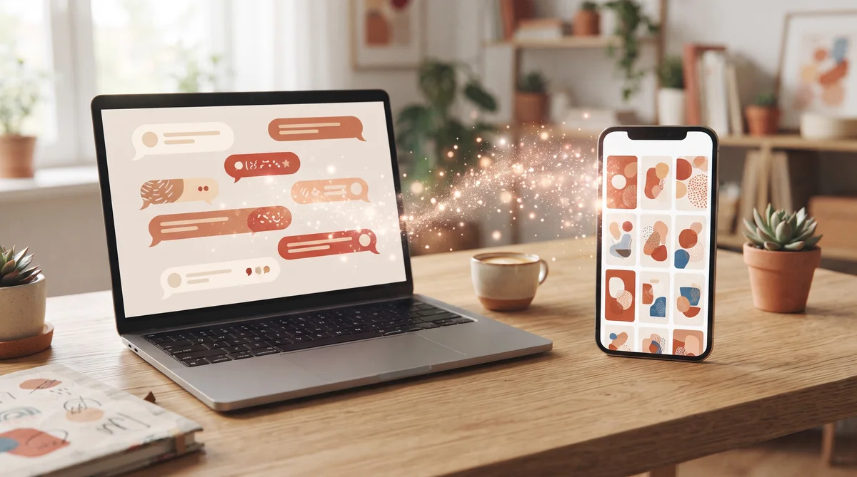 ChatGPT for Pinterest: a laptop with a chat interface sending pin ideas to a phone full of pins