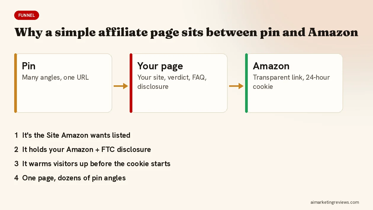 Pinterest affiliate funnel: pin to affiliate page to Amazon, with disclosure on the page