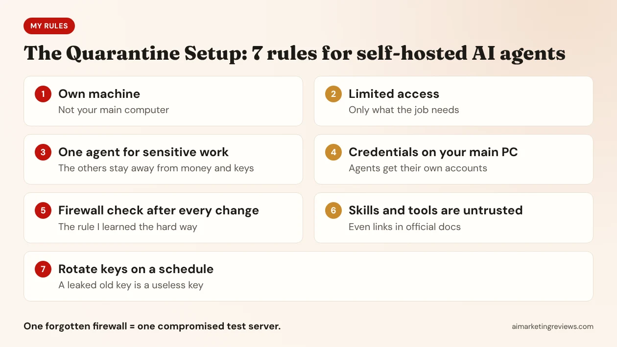 Seven security rules for self-hosted AI agents: own machine, limited access, one trusted agent, credentials on main PC, firewall checks, untrusted skills, key rotation