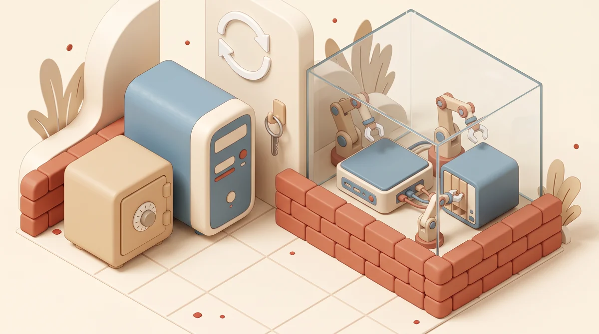 Isometric illustration of AI agents on a mini PC and NAS inside a firewall enclosure, separated from the main computer, safe and keys