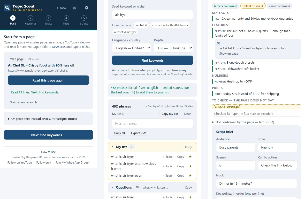 Topic Scout Chrome extension: read a page, find YouTube autocomplete keywords, build a fact sheet and script brief