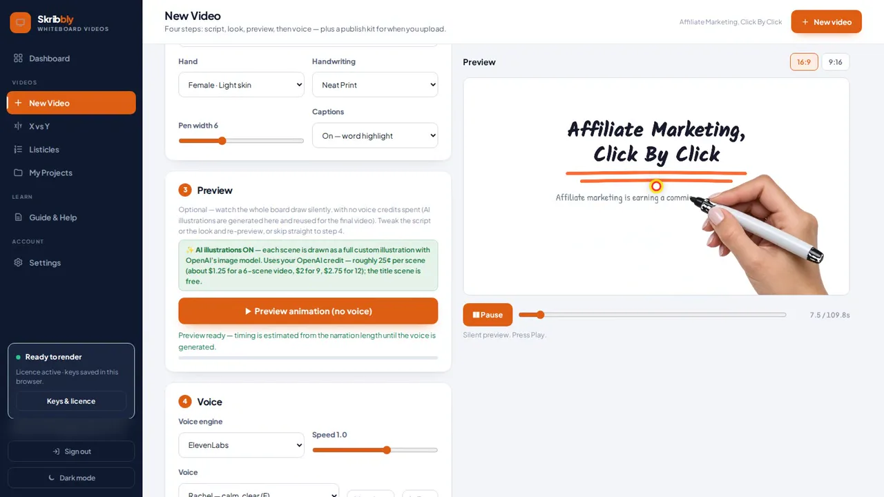 AI whiteboard animation software preview: a hand draws the heading Affiliate Marketing, Click By Click